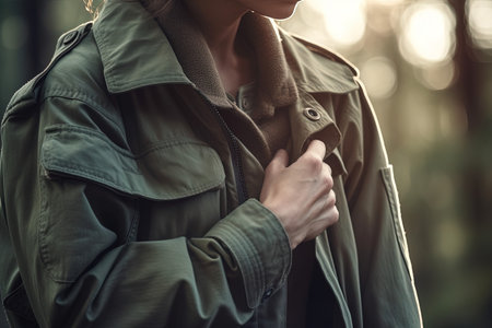 Close up of a young woman wearing a raincoat in the forestの素材