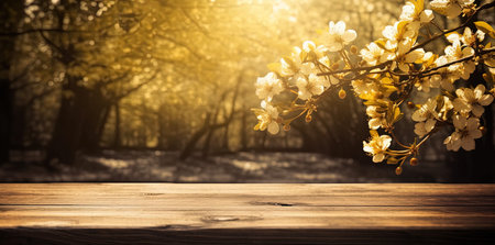 Wooden table in front of blooming tree in spring orchardの素材
