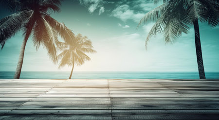 Tropical beach with palm trees and wooden terrace. 3d renderingの素材