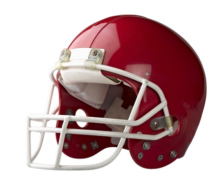 Red American football helmet isolated on a white background with detailed clipping path.の写真素材