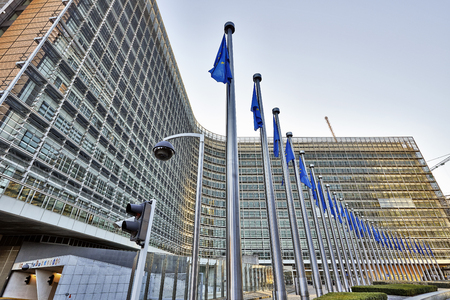 BRUSSELS, BELGIUM - DECEMBER 10  The Berlaymont building anf flags on december 10, 2013 in Brussels  Berlaymont is an office building and it is the headquarters of the European Commission のeditorial素材