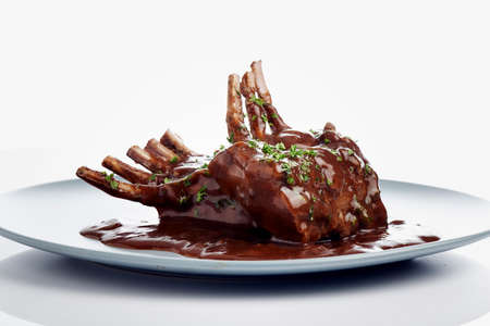 close-up of juice roasted lamb chopsの写真素材