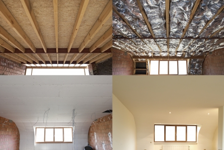 construction of the wooden frame of a roofFibreglass insulation installed in the sloping ceiling of a house Construction of Drywall-Plasterboard Before and afterの写真素材