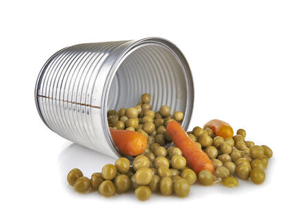 a tin of peas and carrots on white backgroundの写真素材