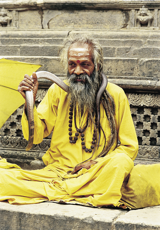 Kathmandu, Nepal - September 09, 2009: Portrait of Sadhu wiht a snake sitting outside one of the temples at Patan Durbar Square. のeditorial素材