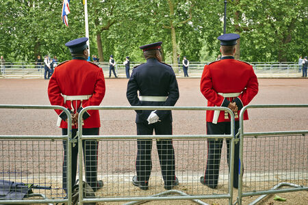 LONDON, ENGLAND - June 07, 2014: Rescue officers on Guard near Buckingham Palace, London for...