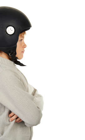 Cute boy with black moto helmet isolated on whiteの写真素材