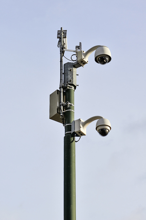 Security camera in urban street with transmitter - new technology 2015