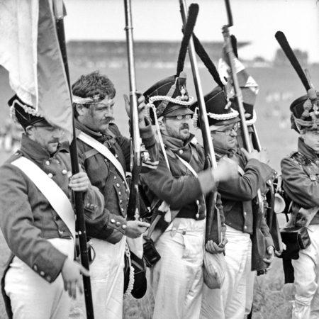 WATERLOO, BELGIUM -CIRCA 1990: Actors in costume during the reenactment of the Battle of Waterloo that in 1815 ended Napoleon's imperial dream, on  June 1990 in Waterloo, Belgiumのeditorial素材