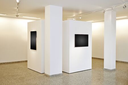 exhibition gallery, wall mounted art with museum style lighting, the art has been removed and replaced. There are path for the frameの写真素材