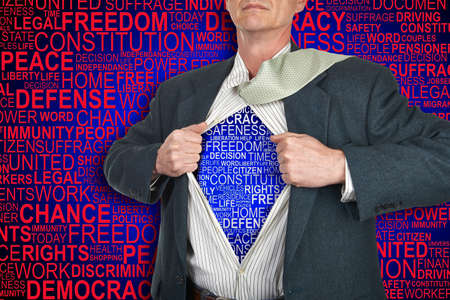Businessman showing superhero suit underneath his shirt standing against human rights background