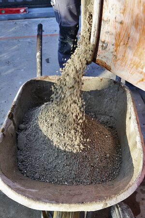 Cement mixer in movement on construction siteの写真素材