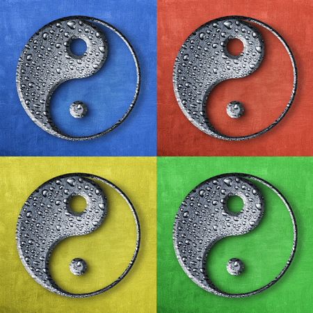 Symbol of Yin and Yang in brushed metal covered with water drops.の写真素材