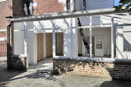 Demolition of a old and obsolete extension, view from exteriorの写真素材