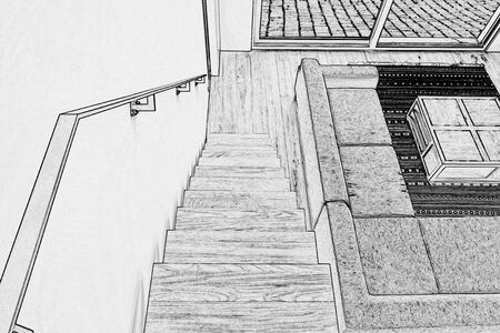 Drawing of Hardwood stairs and ramp in modern renovated living roomの写真素材