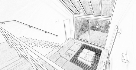 Drawing of a Modern living room with large windows and view on a gardenの写真素材