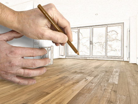 Drawing and planned renovation of a modern interior with wooden floor, there is a path for windowsの写真素材