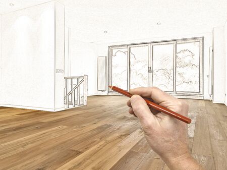 Drawing and planned renovation of a modern interior with wooden floor, there is a path for windowsの写真素材