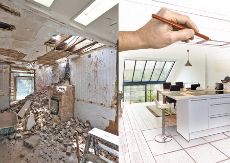 Drawing and planned Modern open kitchen in renovated house, before and afterの写真素材
