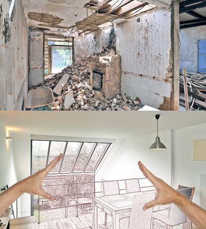 Drawing and planned Renovation of a modern duplex with large windows. Before and afterの写真素材
