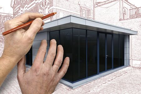 Drawing and planned a New modern extension of a house with big glasses windowsの写真素材