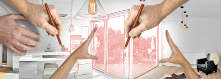 Drawing renovation of a Open modern kitchen from loft with view on a lush gardenの写真素材