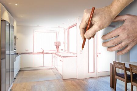 Drawing and planned of a Kitchen in renovated houseの写真素材