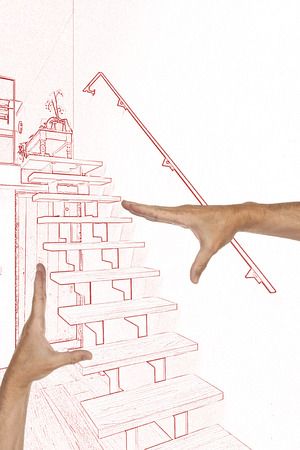 Drawing and planned  Hardwood stairs and ramp in modern renovated living roomの写真素材