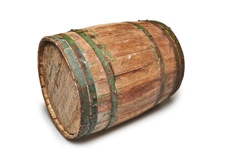 Textured wooden and iron brewery barrel from side isolated on white with clipping path