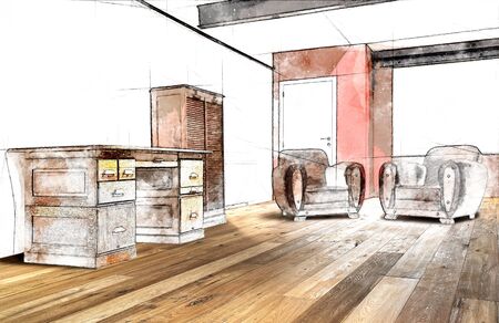 Sketch illustration of a interior wide loft, office and wooden floorの写真素材