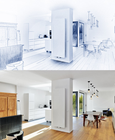 Blue print of a Modern luxury living room and kitchen and result afterの写真素材