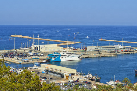 DENIA, SPAIN - JULY 08, 2018: View on the port and Montgo mountain of Denia, Spain. View from the castel of Deniaのeditorial素材