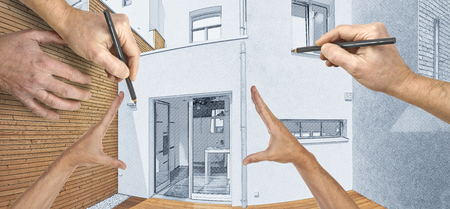 Planned remodel of courtyard with insulating wooden cladding wallの写真素材