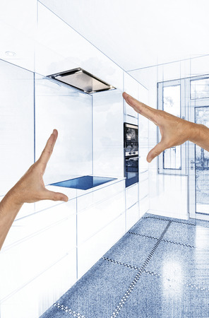 Sketch of A stylish modern kitchen interior in perspectiveの写真素材