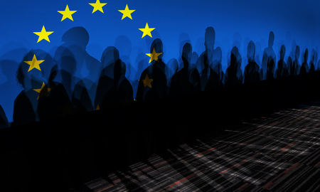 Lot of people shadows against European flagged screen, Brexit conceptの写真素材