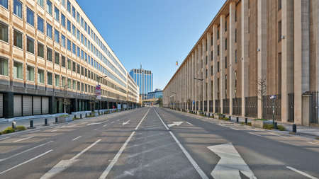 Brussels, Belgium - April 05, 2020: The Berlaymond boulevard at Brussels without any people and...
