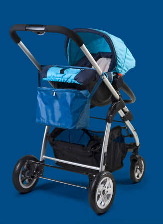 Take a walk with baby buggy isolated on blue classicの写真素材