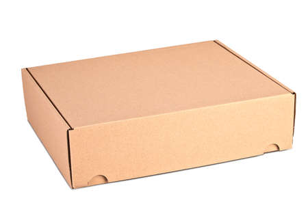 Closed card delivery Box ready for shipping isolated on whiteの写真素材