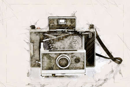 Sketch illustration of a Vintage instant camera and his reflectionの写真素材