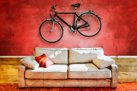 illustration Sketch of Elegant classical Sofa from front in luxurious apartment with a Hanging road bike on wall.の写真素材