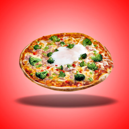 Floating Pizza bacon on red radial gradient backgroundの写真素材