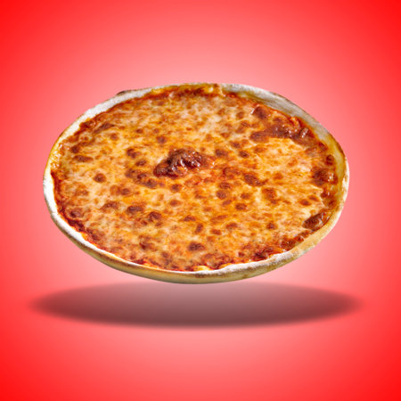 Floating Pizza Margherita on red radial gradient backgroundの写真素材