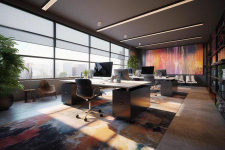 Generative ai illustration of a Modern office interior design. Contemporary workspace for creative business.の素材