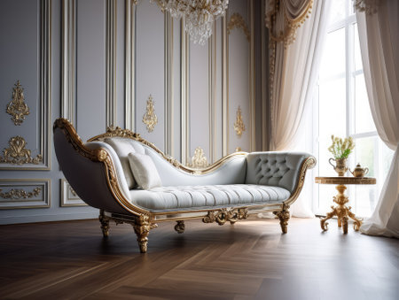 Generative ai illustration of a Vintage white leather curved sofa against victorian wallpaperの素材