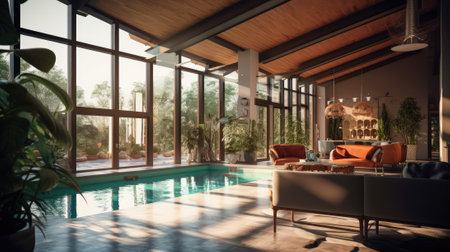 Generative ai illustration of an internal view on a contemporary house with swimming poolの素材