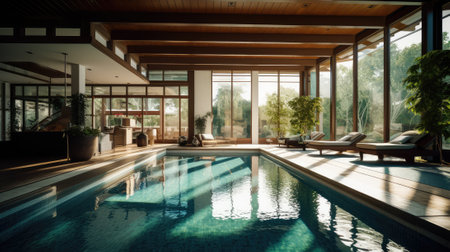 Generative ai illustration of an internal view on a contemporary house with swimming poolの素材