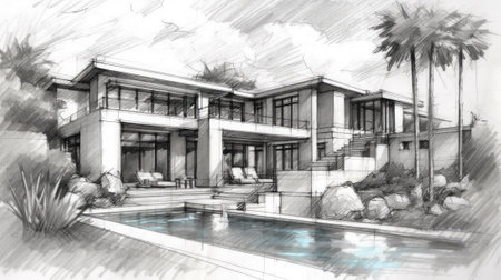 Generative ai illustration of an architect sketch from a contemporary house with swimming poolの素材