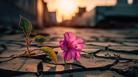 Generative ai illustration Close up on a Pink flower growing on crack streetの素材