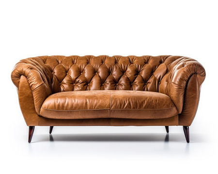 Generative ai illustration of a luxurious brown leather sofa isolated on whiteの素材