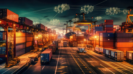 Generative ai illustration of Logistics and transportation. Network distribution of Container Cargo. future of transport on global networking.の素材